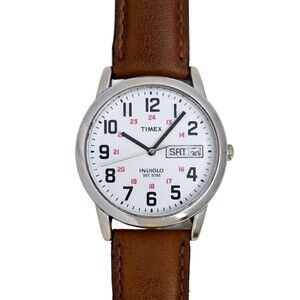 Timex Easy Reader White Dial Day Date Brown Leather Strap Preowned Unisex 36mm